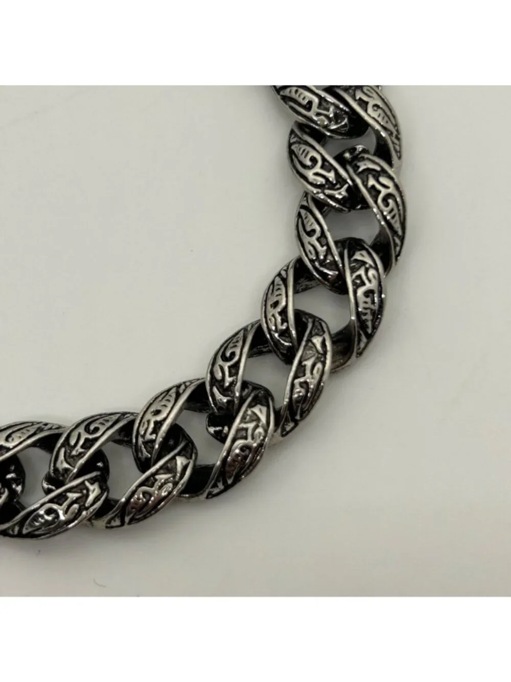 Men's Vintage Stainless Steel Curb Chain Bracelet Tribal Tattoo Etched Design